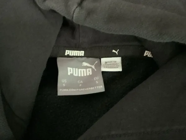PUMA Womens Small Hoodie Logo Black Long Sleeve Pullover Sweatshirt Pockets Gold - Image 2