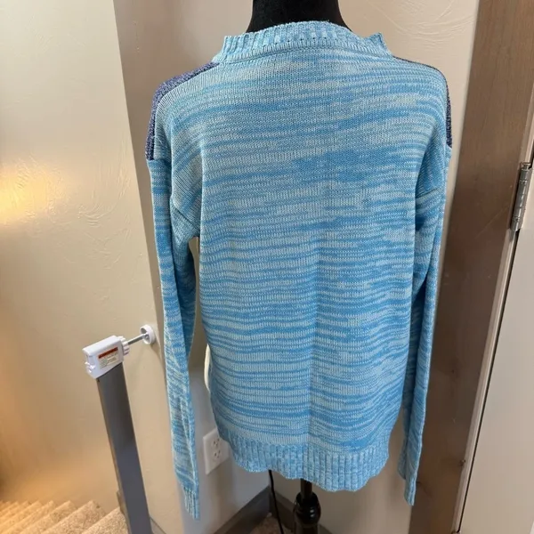 Vintage Knit Ski Sweater Mock Neck Blue White Alps Skiing Winter Art to Wear M - Image 5
