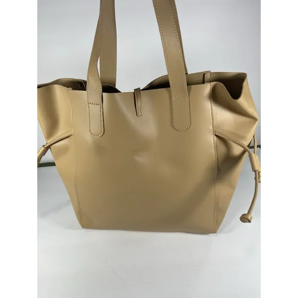 Beige Matte Tote Bag Drawstring Closure Double Handles Solid Medium Casual - Image 3