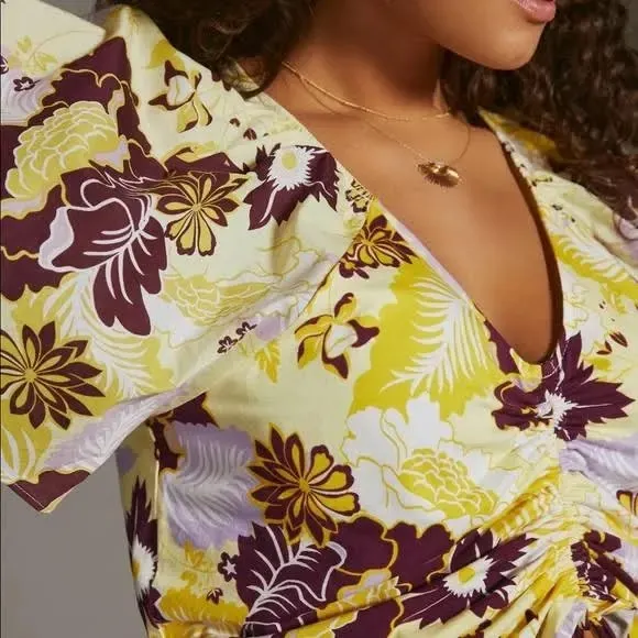 Anthropologie Maeve Cinched Yellow Floral Flutter Sleeve Tie Top‎ Blouse - Image 4