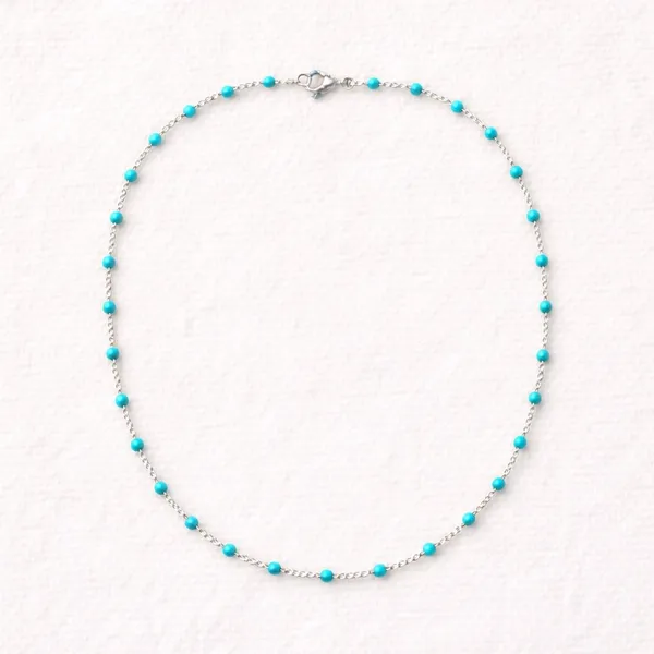 Necklace - 16” Stainless Steel Silver tone with turquoise color Bead Accents - Image 2
