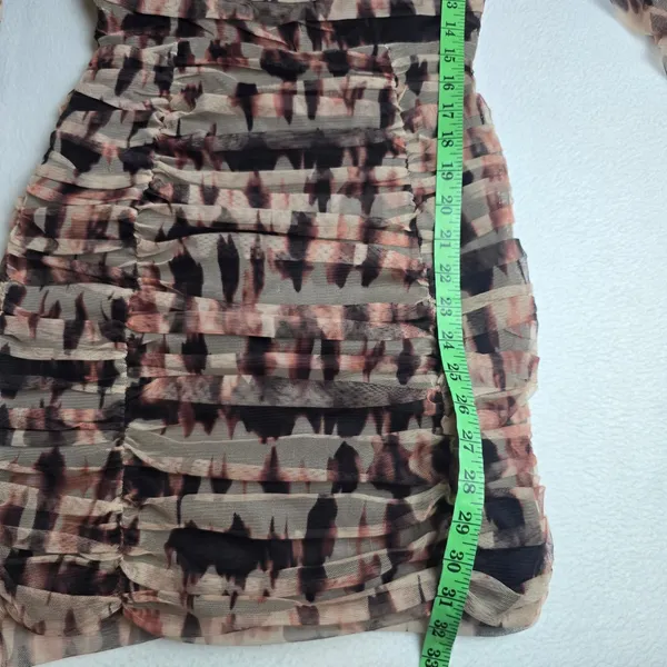 Zara NWT Brown Ruched Tulle Mesh Tie‎ Dye V-Neck Mini Dress Long Sleeve Small - Image 10