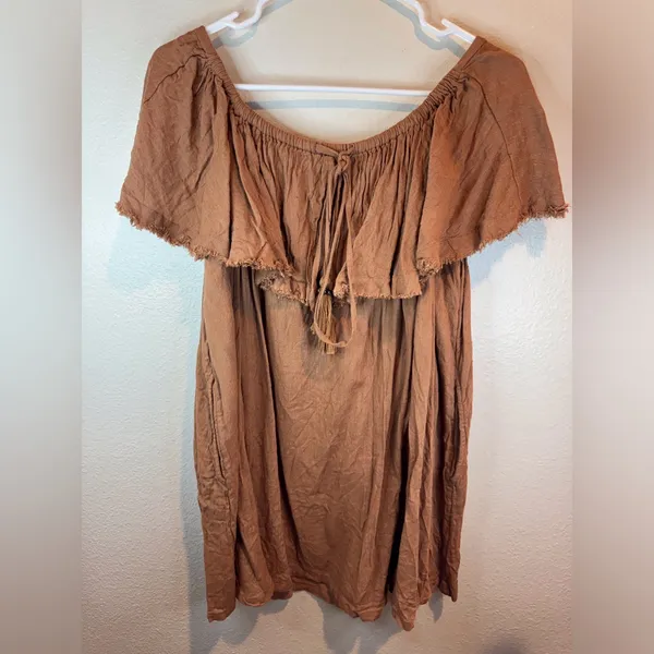 Free People‎ Boho Brown Ruffled Relaxed Cotton Tunic Size S - Image 7