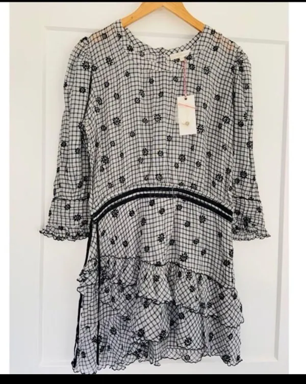 LoveShackFancy Lorelei Charcoal Floral Gingham Plaid Mini Dress Size Large - Image 4