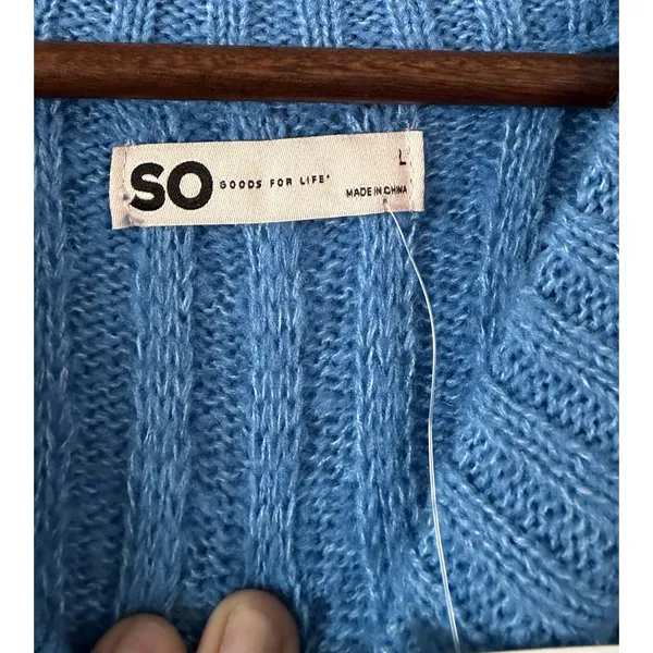 SO Women’s Blue Open Knit Crew Neck Sweater Size L NWT - Image 2