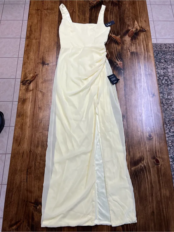 Lulus Glamorous Disposition Light Yellow Ruched Maxi Dress Size Small NWT - Image 7