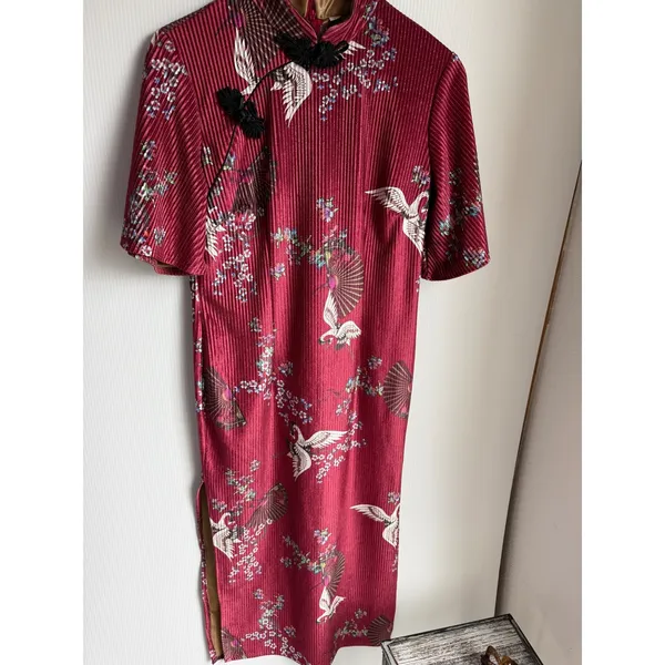 Burgundy Red‎ Crane Floral Pleated Qipao Cheongsam Dress Mandarin Collar L - Image 2