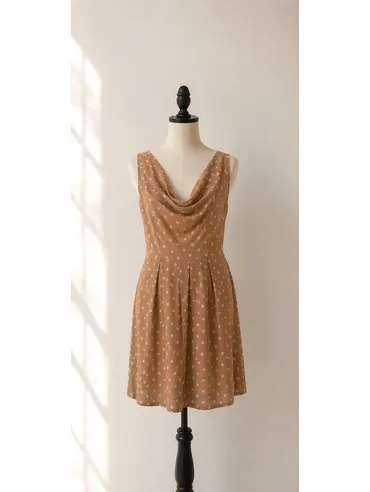 Promod Polka Dot A-Line Dress US 2 UK 6 Beige Pink Cowl Neck Sleeveless - Image 2