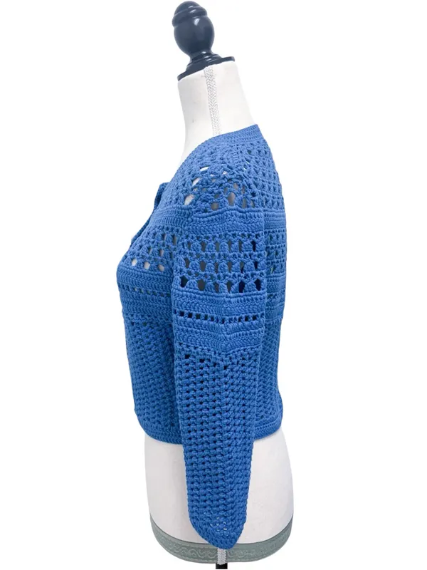 Amour Vert Blue Crochet Open Knit 3/4 Sleeve Cropped Cardigan Sweater Small - Image 4