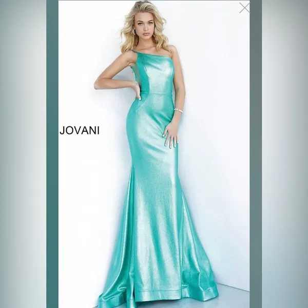 New! Jovani 02136 Metallic Fitted One Shoulder Prom Dress Aqua Green Sz 00 $500‎ - Image 10