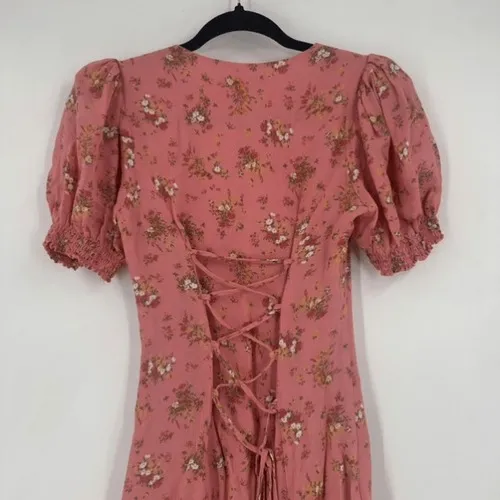 Reformation Midi Dress Luciana 0 Pink Floral Lace‎ Up Back Cottagecore Romantic - Image 10