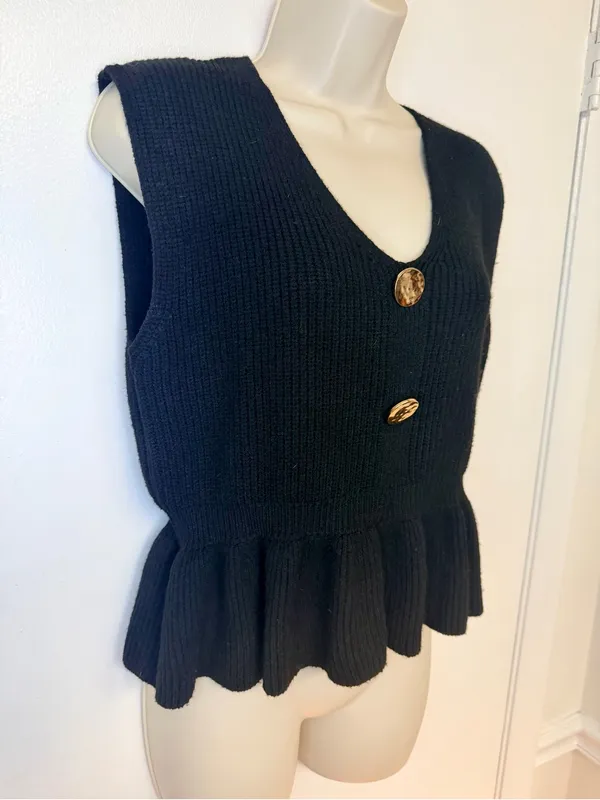 Commence Black Ribbed Knit Peplum Vest Top Size M Gold Buttons Sleeveless - Image 4