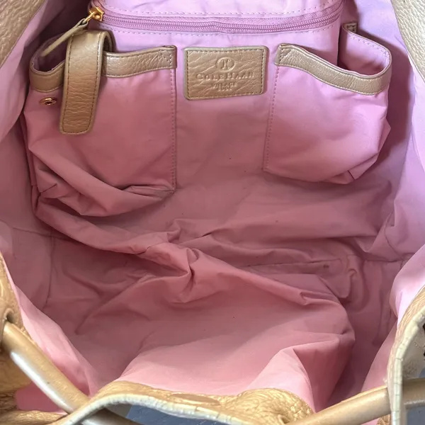 Cole Haan Gold Pebbled Leather Large Hobo Bag Pink Interior‎ - Image 6