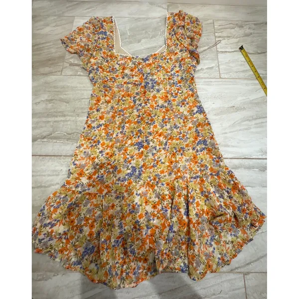 ASTR the Label So Smitten Floral Ruched Mini‎ Dress Orange Yellow Size Large - Image 3