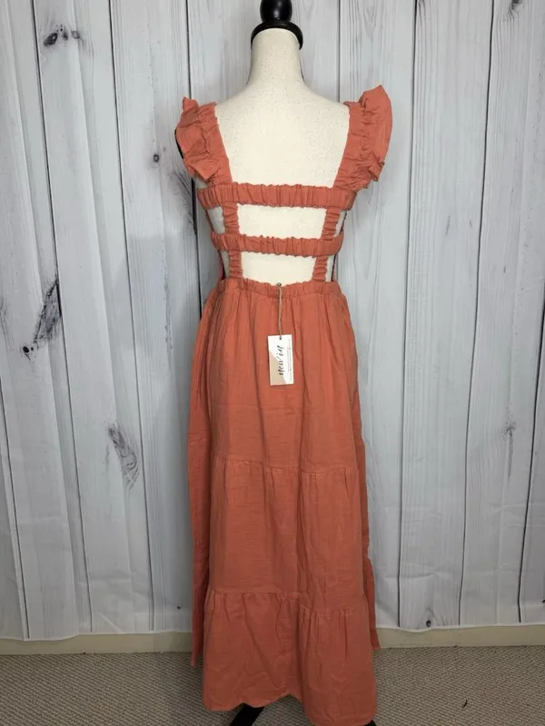 New In Maxi Dress Sz L Light Rust Red Open Back Ladder Strap Smocked Front NWT - Image 7