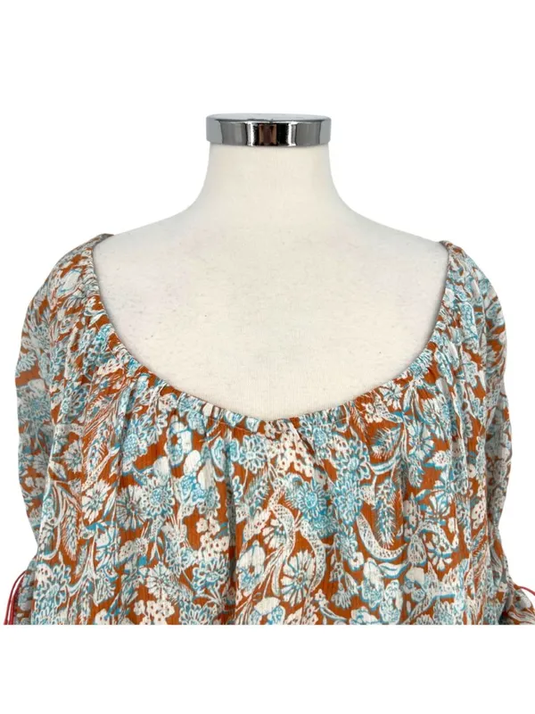 By Anthropologie Boho Peasant Floral Shirred Blouse Brown Blue Size Large - Image 2