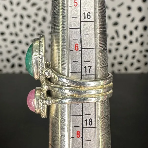 Sterling Silver Pink and Green Moonstone Two Stone Triple Band Ring Size 7 - Image 6