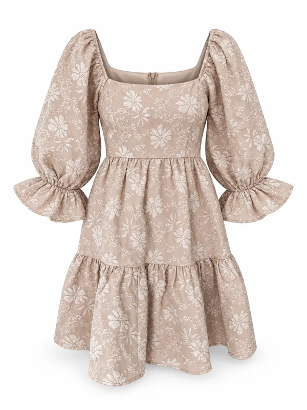 Shop the Mint Tan White Floral Embroidered Puff Sleeve Mini Dress Large - Image 2