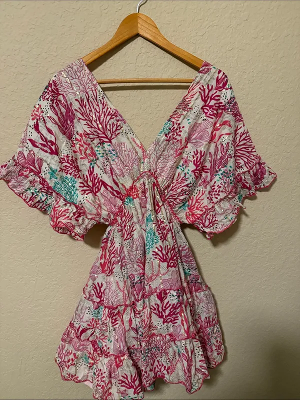 Floral Coral-Print V-Neck Women’s Dress - Pink one size - Image 4