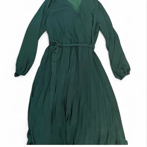 NEW Green Long Sleeve V Neck Loose Fit Pleated Belted Midi Dress XL - Image 4