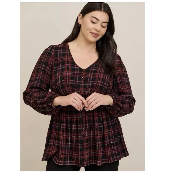 Torrid Plaid Babydoll Flannel Crinkle Gauze‎ Smocked Tie Waist Top Size 1X - Image 2