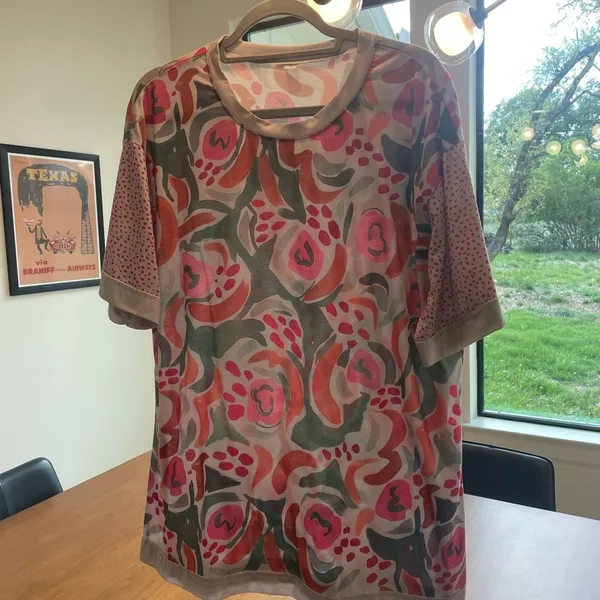 Abstract Painterly Floral Top Mixed Media Dotted Sleeve Maximalist XL Teacher - Image 5