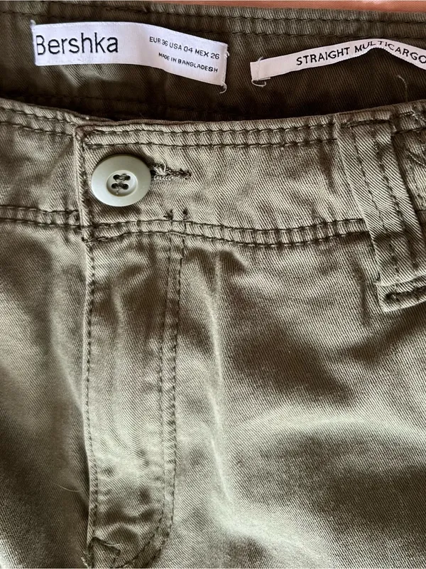 Bershka Olive Green Cargo Pants 4 Pockets Cotton Straight Multicargo Size 4 - Image 6