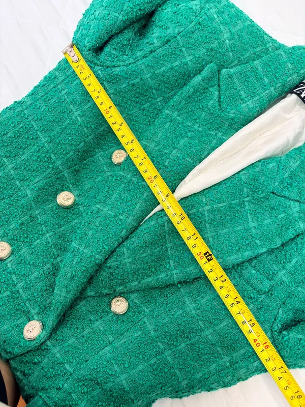 ZARA Green Bouclé Tweed Double Breasted Blazer Gold Button Quiet Luxury Preppy M - Image 7