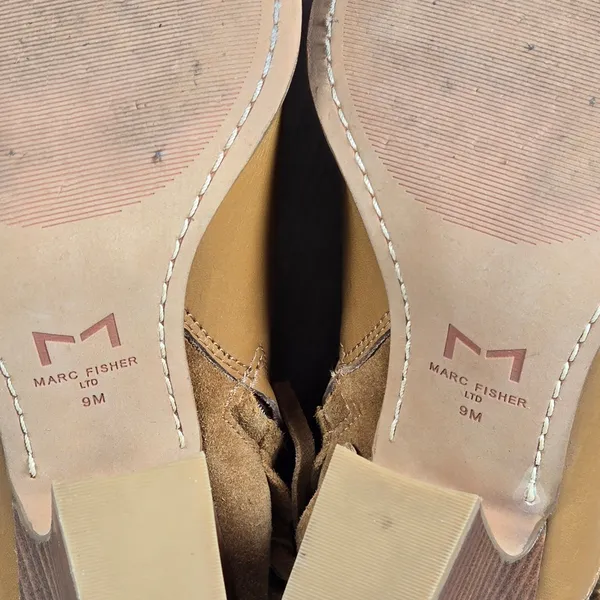 Marc Fisher Tan Leather Suede Fringe Peep Toe Ankle Boots Brown‎ Wood Heel 9 - Image 9