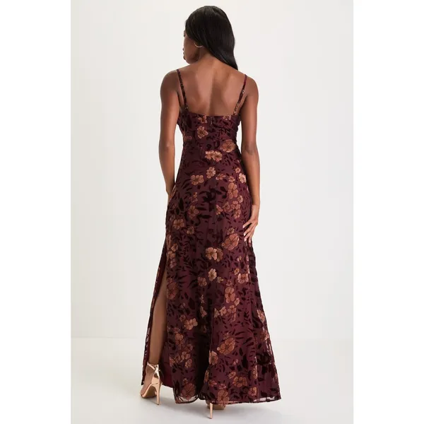Lulus Effortless Celebration Burgundy Floral Burnout A-Line Dress Resort Small - Image 3
