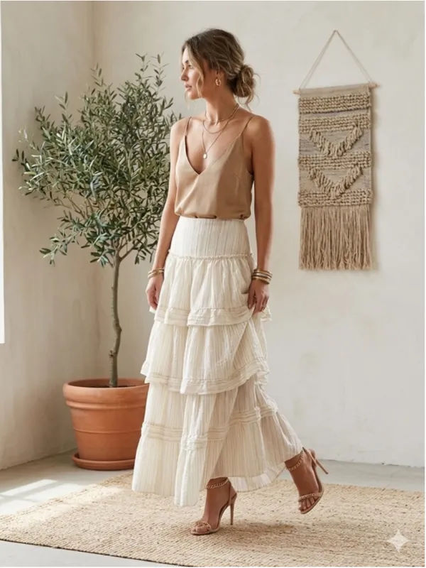 SHEIN Boho Tiered Maxi Skirt Large Tan Cream Striped Cottagecore Coastal Ruffle - Image 2