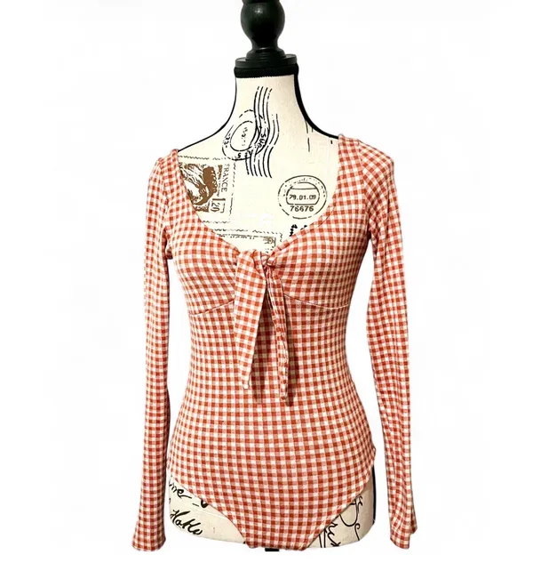 Storia Red White Gingham Check Long Sleeve Bodysuit Front Tie Keyhole Bow Small - Image 4