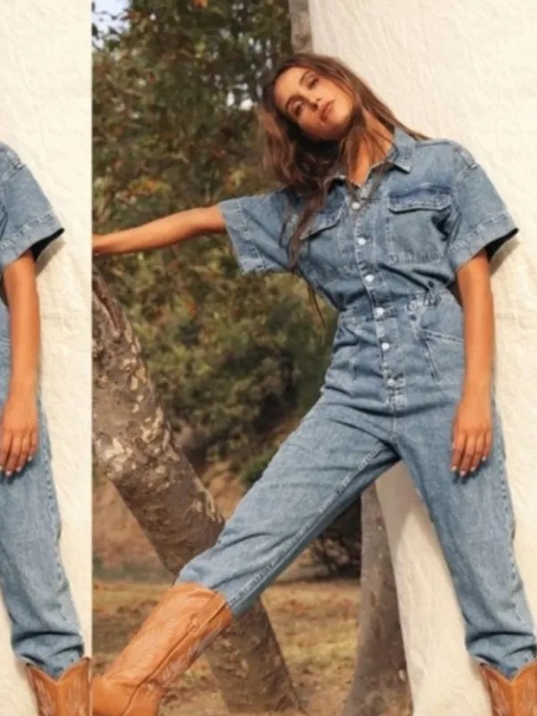 We The Free Light Blue Denim Short-Sleeve Overall Jumpsuit - Image 9