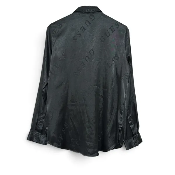Vintage Guess Los Angeles Black Satin Logo Jacquard Button Down Shirt Large - Image 2