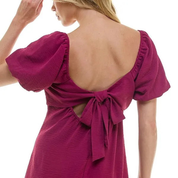 Lily Rose Womens Ruched Bust Puff Sleeve Tie Back Mini Dress Berry Purple Small - Image 7
