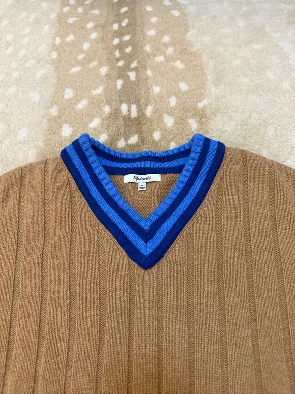 Madewell Tipped V-Neck Oversized Wool Blend Sweater XS Heather Caramel Blue - Image 8