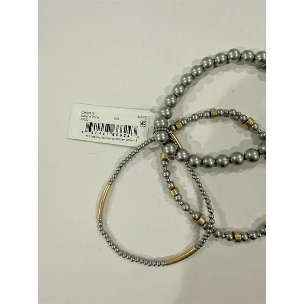 DKNY Bracelet Set 3-Piece Stretch Beaded Stackable Silver Gold mixed metals $48 - Image 2