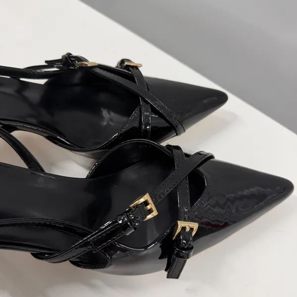 Black Patent Slingback Heels Pointed Toe Multi Strap Buckle Pumps Stiletto US 9 - Image 6