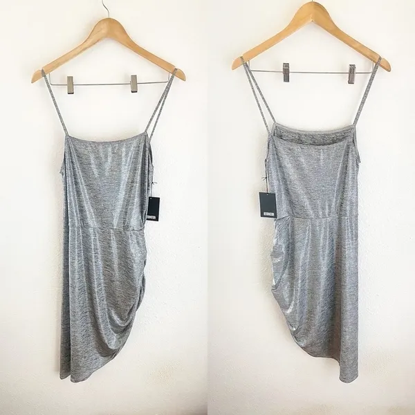 Reformation Dress Flare Ruched Stretchy Asymmetrical Mini‎ Party Silver L NWT - Image 2