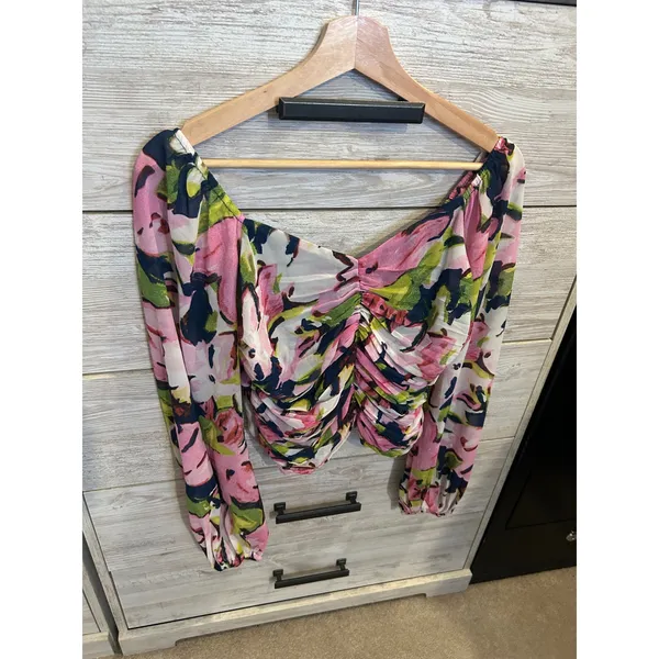 Abercrombie & Fitch Floral Ruched Smocked Long Sleeve Crop Top Pink Green Medium - Image 3