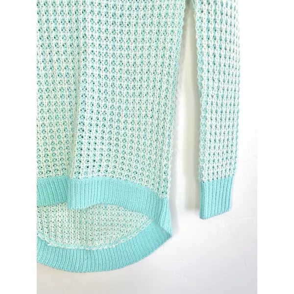 POOF! Womens Size S Open Knit V-Neck Sweater Aqua Blue White Hi-Low Boho Coastal - Image 6