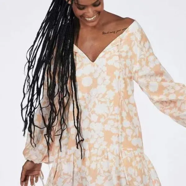 Charlie Holiday Eve Floral Linen Blend Drop Waist Mini Dress Boho Vacation - Image 4