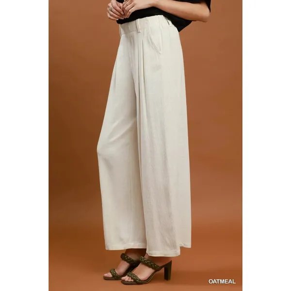 Umgee‎ High Waist Linen Blend Wide Leg Trousers - oatmeal - large - Image 2