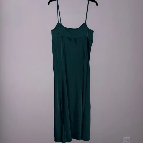 A New Day Emerald Green Slip Midi Satin Slip Dress with Front Slit - Image 4