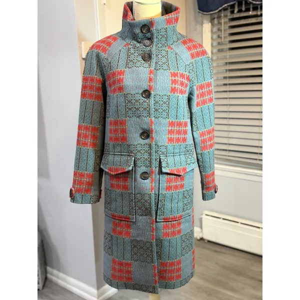 Sundance XS Wool Blend Plaid Long Coat Teal Red Boho Cottagecore Artsy Statement - Image 3