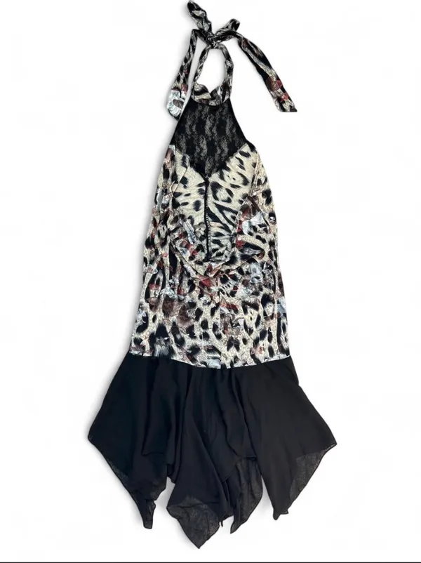 J Mode Ruched Leopard & Metallic Floral Print Halter Backless Dress with Black Mesh Asymmetrical Skirt - Image 2