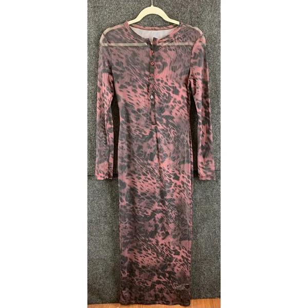 Missguided Mesh Maxi Dress Size S Pink Animal Print Henley Button Long Sleeve - Image 2