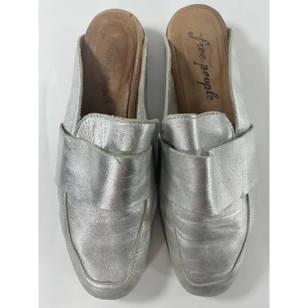 Free People At Ease Loafer Mules Silver Metallic Leather Square Toe Size 36 - Image 5
