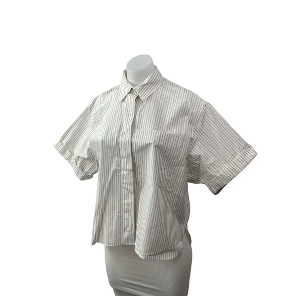 Zara Women's White Beige Striped Short Sleeve Pocket Button Down Shirt Top Sz XS - Image 2