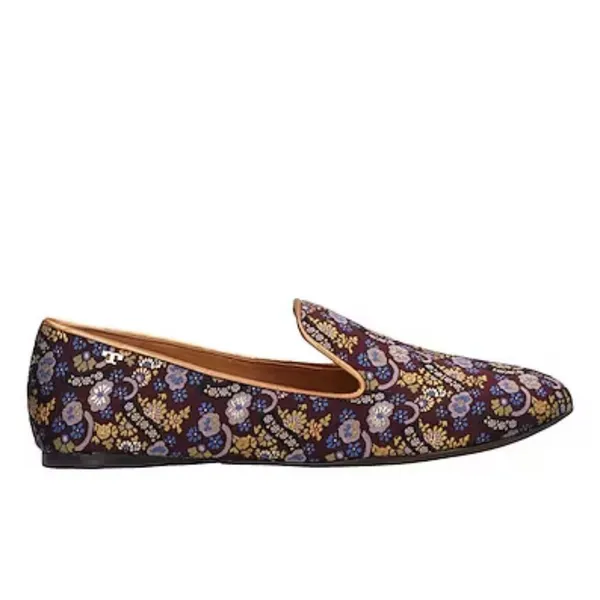 Tory Burch Jacquard Smoking Slipper Loafer Plum Gold Floral Size 7 NIB‎ - Image 2